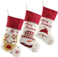 wewill lovely christmas stockings - set of 3 santa, snowman, reindeer: 3d plush linen with hanging tag & knit border - style1 (1) logo
