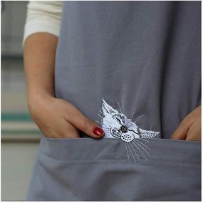img 3 attached to 🐱 GREVY 100% Cotton BBQ Apron with Huge Pockets & CAT BITES Embroidery - Grey | Adjustable Neck Straps | W 24" L 32