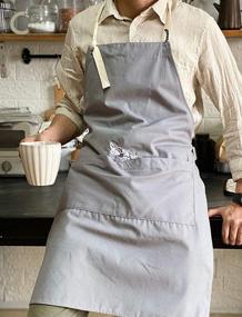 img 1 attached to 🐱 GREVY 100% Cotton BBQ Apron with Huge Pockets & CAT BITES Embroidery - Grey | Adjustable Neck Straps | W 24" L 32