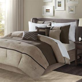 img 4 attached to 🛏️ Queen Size Bed Comforter Set - Brown Taupe Pieced Stripe - Madison Park Palisades - 7 Piece Bedding Sets - Micro Suede Bedroom Comforters