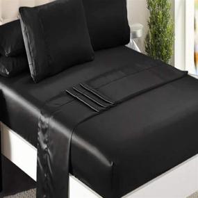 img 4 attached to 🛏️ Black Satin Queen Bed Sheet Set - Silky Smooth Bridal Satin, Deep Pocket Fitted, Flat, 2 Pillow Cases - Wrinkle, Stain & Fade Resistant