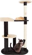 black 3-tier cat tower with 2 napping perches, 2 sisal rope scratching posts, peek hole, and hanging toy – indoor cat tree by petmaker logo