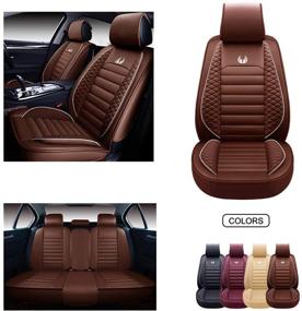 img 4 attached to 🚗 OASIS AUTO OS-011 Leather Car Seat Covers, Faux Leatherette Cushion Cover for 5 Passenger Cars & SUVs - Universal Fit Set for Auto Interior Accessories (Full Set, Brown)