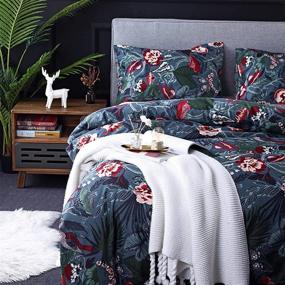 img 3 attached to 🛏️ Boho Floral Bird Leaves Queen Size Bedding Set - Dark Blue Printed Duvet Cover with Zipper Ties - Luxury Microfiber Comforter Cover - Reversible Striped - Queen Size 90X90