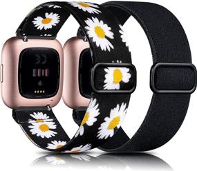 img 4 attached to 🌼 GEAK Эластичные ремешки для Fitbit Versa 2 / Versa - 2 шт. регулируемый нейлоновый запасной ремешок для женщин / мужчин - черный / рисунок с ромашками