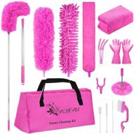 14-piece pink calbeau microfiber feather duster set with 100-inch extension pole - bendable, washable, and perfect for cleaning high ceiling, fan, blinds, windows, furniture, and cars! great cleaning tools gift for women! logo