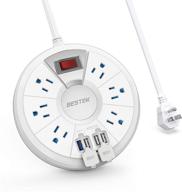 💡 bestek quick charge 3.0 power strip with usb ports - round 6-outlet desktop charging station, 6 ft long extension cords, 220 joules, ultra-compact for dorm room, bedside, cruise ship logo