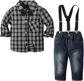 img 4 attached to 👶 Infant Gentleman Easter Outfit Set - 4pcs Plaid Shirts with Bowtie and Suspender Pant Sets for Boys