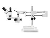 🔬 vision scientific vs-5f simul-focal trinocular zoom stereo microscope: 10x widefield eyepiece, 0.7x—4.5x zoom, 7x—45x magnification, double arm boom stand logo