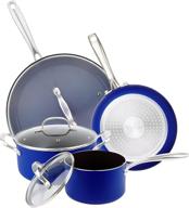 🍳 cook with ease and style: blue ceramic nonstick cookware set - pfoa-free 3-layer coating, stainless steel handle, induction compatible (7 piece, blue) logo
