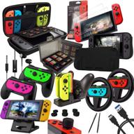 🎮 orzly accessories bundle for nintendo switch (not oled model) - geek pack: case, screen protector, joycon grips, racing wheels, controller charge dock, comfort grip case, and more - jetblack logo