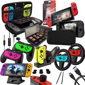 img 4 attached to 🎮 Orzly Accessories Bundle for Nintendo Switch (Not OLED Model) - Geek Pack: Case, Screen Protector, Joycon Grips, Racing Wheels, Controller Charge Dock, Comfort Grip Case, and More - JetBlack