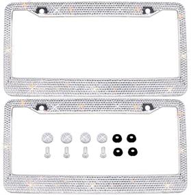 img 4 attached to Bling Bling License Plate Frames 2 Pack - Handmade Waterproof Glitter Rhinestones Crystal White Frame for Cars with Bonus Screws Caps Set