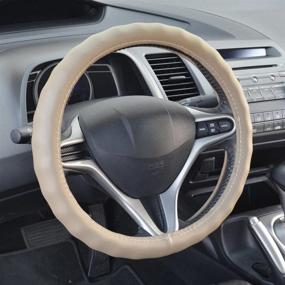 img 4 attached to Upgrade Your Car's Look with Genuine Leather Steering Wheel Cover - Beige, Small Size 13.5 to 14.5 Inch, Universal Fit and Easy Installation