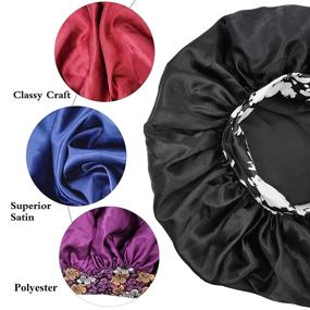 img 2 attached to 👒 PCS Satin Bonnets for Women: Wide Elastic Band Silk Bonnet for Curly Hair - Black + Wine Red