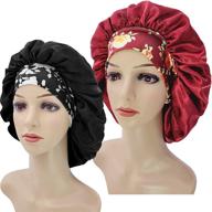 👒 pcs satin bonnets for women: wide elastic band silk bonnet for curly hair - black + wine red logo