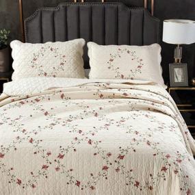 img 2 attached to 🌸 Vctops 3-Piece Elegant Floral Embroidered Bedspread Coverlet Set - Oversize Queen Size - 100% Cotton - Reversible Patchwork - 1 Quilt and 2 Pillow Shams - Flower Design