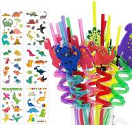 🦕 dinosaur theme party supplies - pack of 24 rainbow straws with dinosaur temporary tattoos for kids' birthday and hawaiian party decorations (a) logo