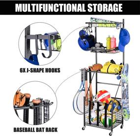 img 2 attached to 🏋️ Optimized-Logic 4-Tier Garage Sports Equipment Storage Organizer | Rolling Cart with Basket and Hanging Hooks | Sports Gear Storage Solution (Medium)