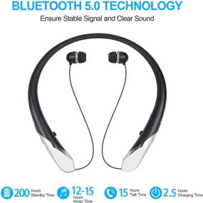 img 2 attached to 🎧 15-Hour Playtime Bluetooth Retractable Headphones: Wireless Earbuds Neckband Headset with Noise Cancelling, Mic, and Stereo Sound (Black)