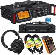 tascam dr-70d audio recorder bundle: pro headphones, xlr cables, and gravity magnet phone holder for dslr camera logo