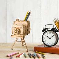 vintage camera desk organizer - rowood wooden pen and pencil holder puzzle kit for home office and bedroom decor логотип