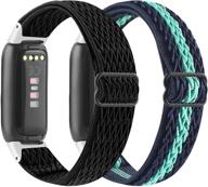 🌈 2pack упругий ремешок для часов: совместим с fitbit luxe - регулируемый мягкий нейлоновый ремешок для женщин / мужчин, черно-сине-зеленый логотип