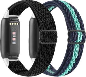 img 4 attached to 🌈 2Pack упругий ремешок для часов: совместим с Fitbit Luxe - регулируемый мягкий нейлоновый ремешок для женщин / мужчин, черно-сине-зеленый