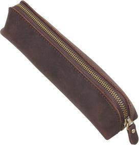 img 1 attached to 🖋️ Vintage Leather Zipper Pen Pencil Pouch Holder Bag - IBLUE #P-1 in Brown