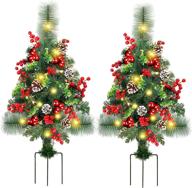 🌲 guoou set of 2 30 inch pre-lit pathway christmas trees with 66 led lights, red berries, and ornaments - perfect outdoor christmas decorations for porch, driveway, yard, garden logo