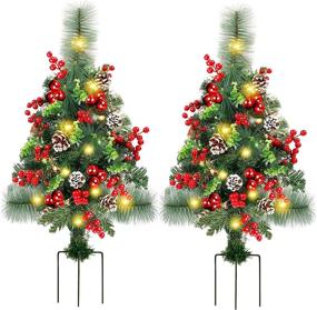 img 4 attached to 🌲 GUOOU Set of 2 30 Inch Pre-Lit Pathway Christmas Trees with 66 LED Lights, Red Berries, and Ornaments - Perfect Outdoor Christmas Decorations for Porch, Driveway, Yard, Garden