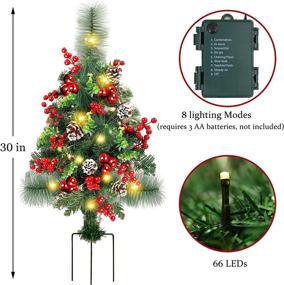 img 3 attached to 🌲 GUOOU Set of 2 30 Inch Pre-Lit Pathway Christmas Trees with 66 LED Lights, Red Berries, and Ornaments - Perfect Outdoor Christmas Decorations for Porch, Driveway, Yard, Garden