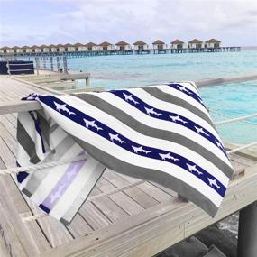 img 2 attached to 🏖️ CABANANA Large Oversized Beach Towel - Velour Cotton Print 35 x 70 Inch Blue Gray Striped Sand Free Pool Towel, Big Summer Swim Cabana Towel for Men