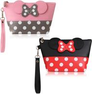 💄 pink+black cartoon leather travel makeup handbag: portable cosmetic bag for women, teen girls, and kids with zipper - toiletry pouch included logo