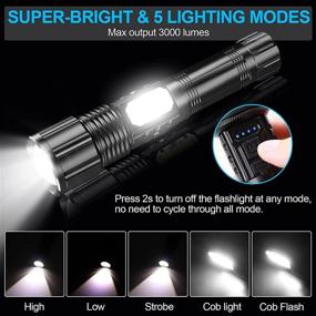 img 3 attached to 2 Pack Rechargeable LED Flashlight High Lumens with Included Battery - Waterproof, Zoomable, 3000 🔦 High Lumen Tactical Flashlights, COB Work Light with Power Display, 5 Light Modes for Camping Hiking