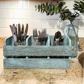 img 1 attached to Rustic Farmhouse Utensil Organizer: Wooden Crock with 3 Compartments & Hanging Option - Distressed Blue Spatula Holder for Kitchen Countertop