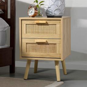 img 4 attached to Finnhomy Nightstand: Handmade Rattan Decor, Wood Accent Table with Storage for Bedroom