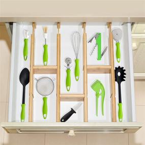 img 2 attached to 🎍 Bamboo Drawer Dividers: Expandable Kitchen Organizer with Customizable Storage for Silverware, Dresser, Bedroom, and Bathroom - 16.5-22 inch