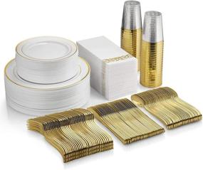 img 4 attached to 🍽️ 400pcs Supernal Gold Plastic Dinnerware Set - Plates, Silverware, Cups with Gold Rim, Napkins - Service for 50 Guests - Ideal for Weddings, Catering Events, Birthdays, and Parties