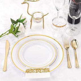 img 2 attached to 🍽️ 400pcs Supernal Gold Plastic Dinnerware Set - Plates, Silverware, Cups with Gold Rim, Napkins - Service for 50 Guests - Ideal for Weddings, Catering Events, Birthdays, and Parties