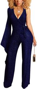 img 4 attached to 💃 Glamorous V Neck Women's Jumpsuits: Stylish Sexy Long Sleeves with Sparkly Belt