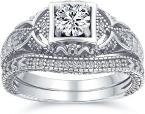 img 4 attached to 💍 Art Deco Style 1CT Solitaire Round CZ Engagement Wedding Ring Set with Filigree Pave Band - 14K Gold & 925 Sterling Silver