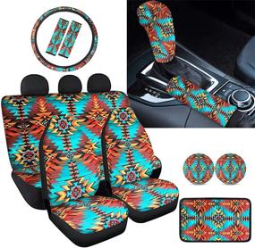 img 4 attached to 🚗 Renewold 12-Piece Car Full Set Front Seats Covers Rear Split Bench, Auto Steering Wheel Cover, Center Console Cover, Seat Belt Cover, Gear Shift Knob Cover, Handbrake Cover, Coasters - African Ethnic Tribe Collection