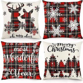 img 4 attached to 🎄 CDWERD Christmas Tartan Plaid Pillow Covers - Set of 4, 18x18 Inches, Farmhouse Decorative Throw Pillowcases, Cotton Linen Cushion Cases for Home Décor