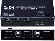 🖥️ 2 port hdmi 2.0b kvm usb switch: share one monitor 2x1, 3-port usb 2.0 hub, ultra hd 4k@60hz, hdcp 2.2 compatible, wireless keyboard and mouse support logo