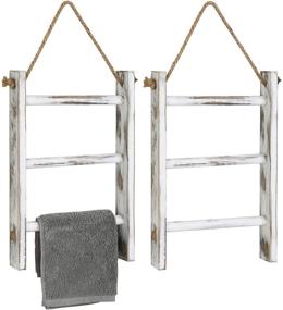 img 4 attached to 🧺 MyGift Farmhouse Whitewashed Wood Towel Ladder - Set of 2: Wall Hanging Mini Hand Towel Rack with Top Rope