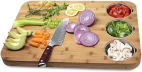 img 3 attached to Versachop Trio: Extra Large 22 X 16 inch Bamboo Cutting Board with Stainless Steel Bowls - Premium Kitchen Butcher Block for Easy Chopping