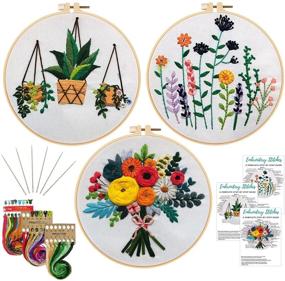 img 4 attached to 🧵 Enhanced Nuberlic 3 Sets Embroidery Kit: Cross Stitch Kits for Adults with 3 Floral Patterned Embroidery Cloth, Hoops, Threads, and Needles