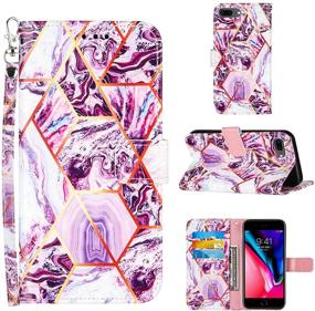 img 4 attached to 📱 iPhone 8 Plus Wallet Case, iPhone 7 Plus Case Women, iPhone 6/6S Plus Case with Wrist Strap and Card Slots - 2021 New Marble Pattern PU Leather Flip Cover Stand (Purple, 5.5 inch)