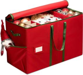 img 4 attached to 🎄 Удобный контейнер для хранения 80 рождественских украшений размером 3 дюйма - все-в-одном органайзер с боковыми карманами, отделением для карточек и ручками для переноски - прочный нетканый контейнер.